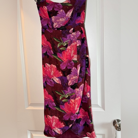 Lulus Burgundy Multi Floral Strapless Tulip Midi Dress - Picture 6 of 16